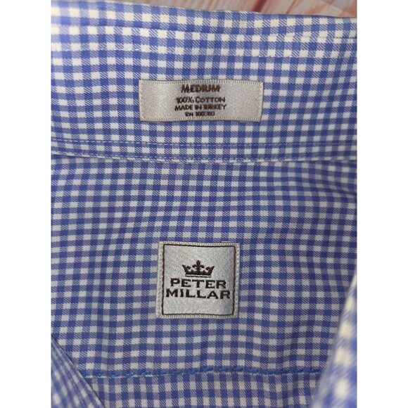 Peter Millar Mens Medium Blue Gingham Button-Up Shirt - Picture 5 of 6